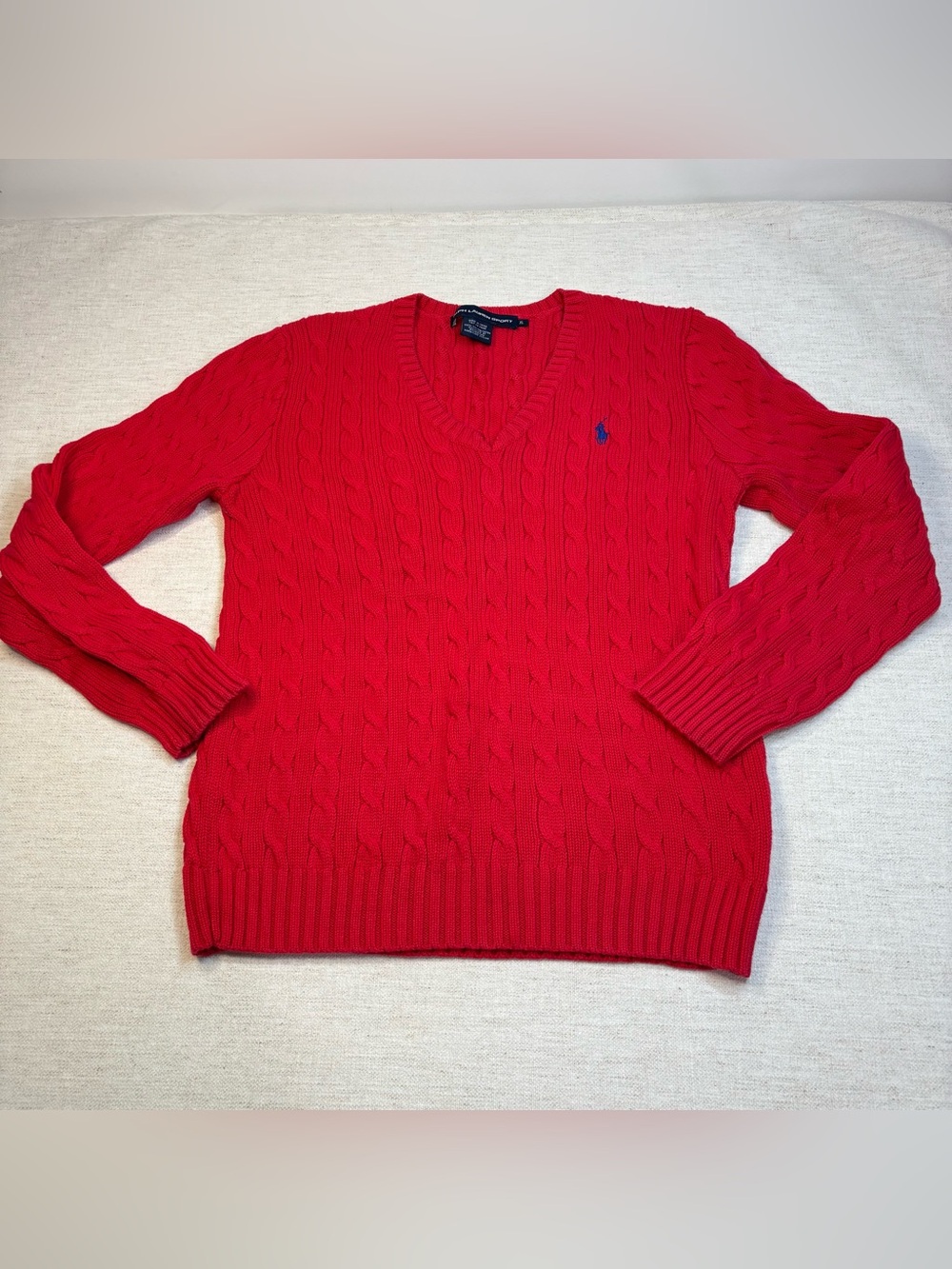 Ralph Lauren women XL Bright Red Cable-Knit V-Neck Sweater cotton long sleeve